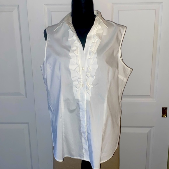 White Sleeveless cotton stretch blouse with ruffled front - Picture 1 of 4